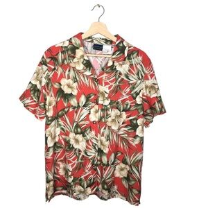 VINTAGE 90s Country Club by Koret Coral Hawaiian Aloha Tropical Print Shirt M